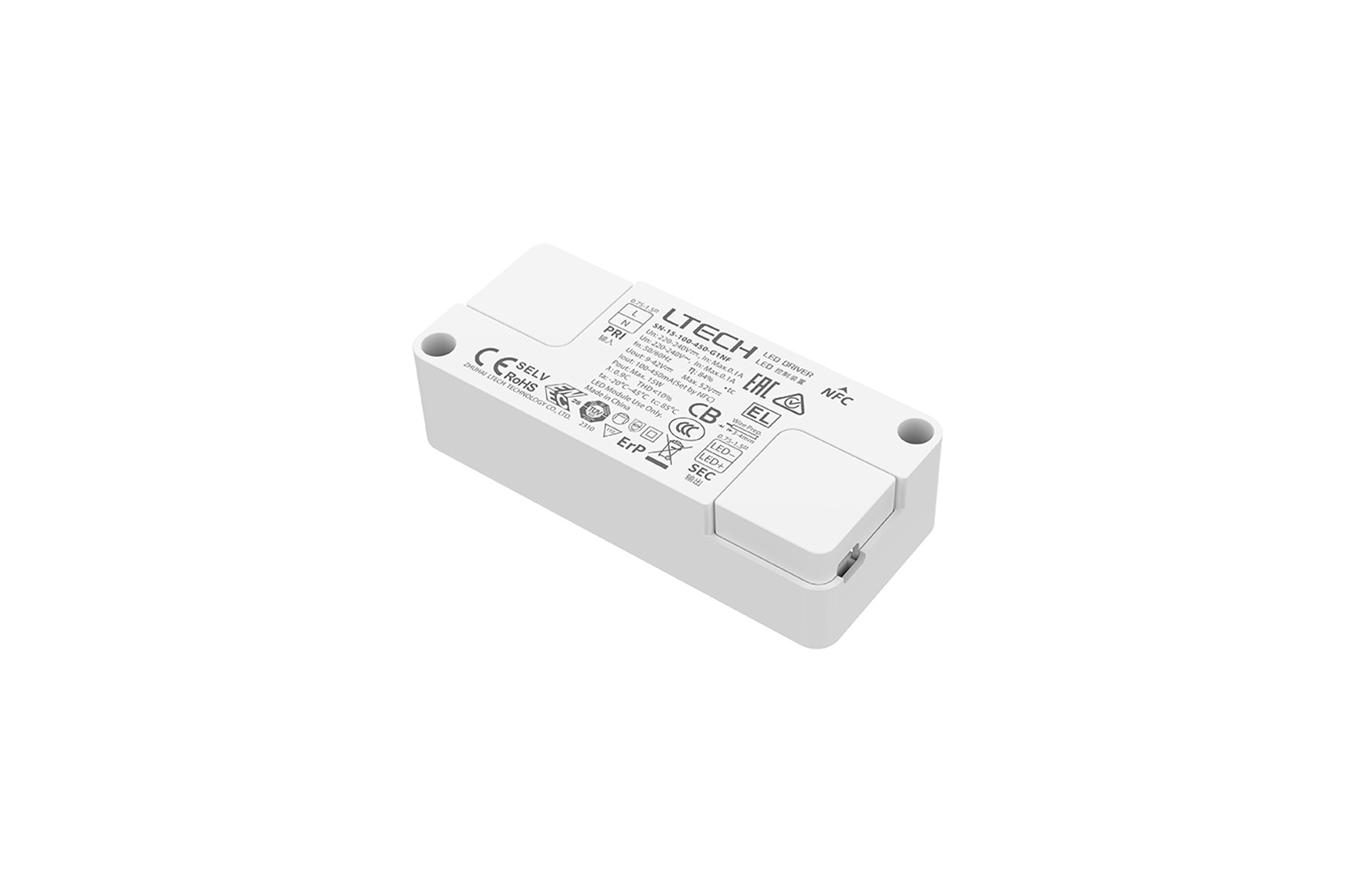 SN-15-100-450-G1NF  Intelligent Constant Current NFC ON/OFF LED Driver, 15W 100-450mA ,9-42Vdc , 200-240Vac, Out put Range.0.9W-15W, IP20, 5yrs Warrenty.